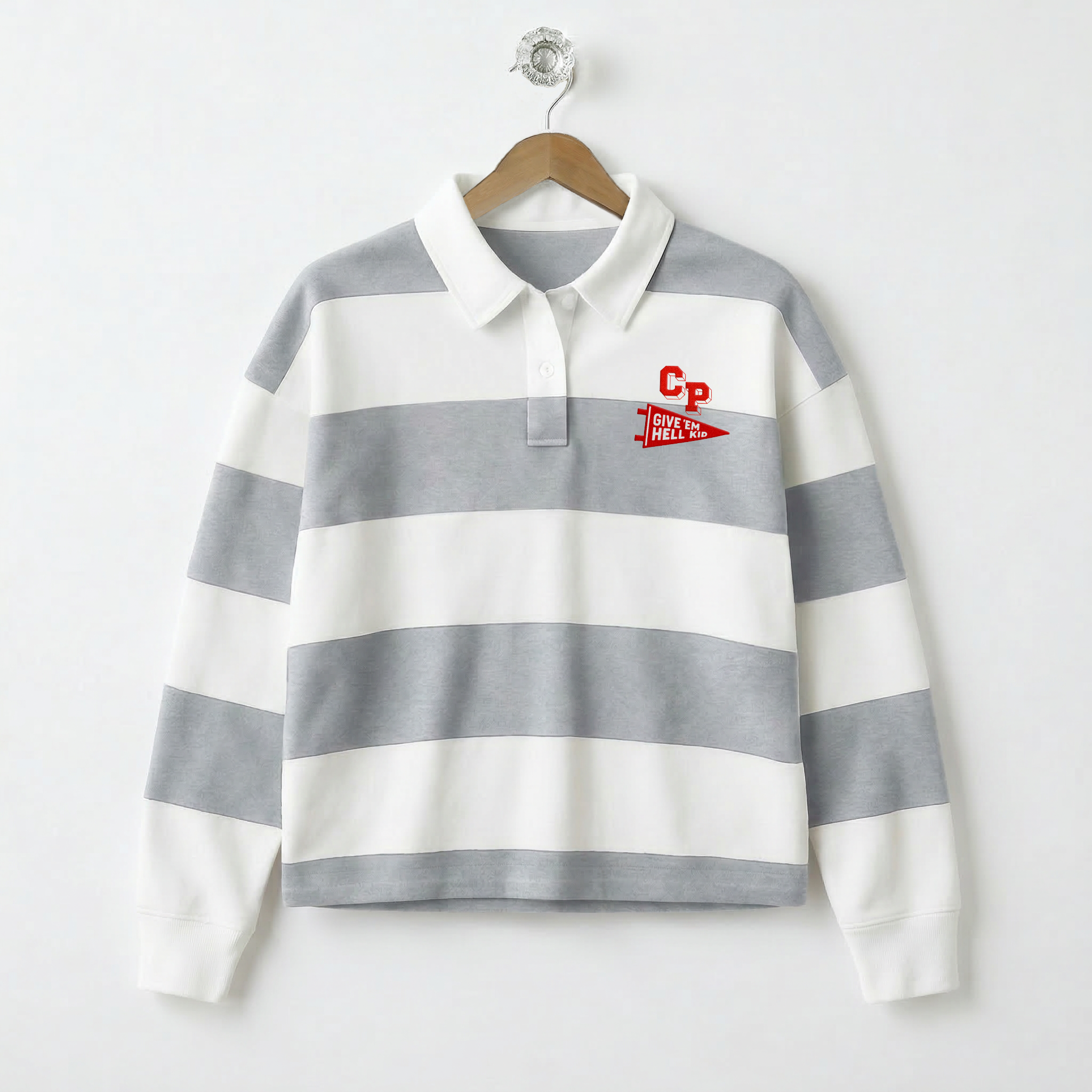 Classic Boxy Striped Rugby Shirt Flocked Graphic Crown Point & Pennant Gray & White