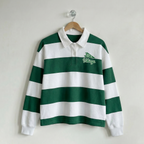Classic Boxy Striped Rugby Shirt Flocked Graphic Vikings & Pennant Forrest & White