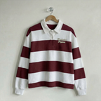 Classic Boxy Striped Rugby Shirt Flocked Graphic Chesterton Trojans Font Maroon & White