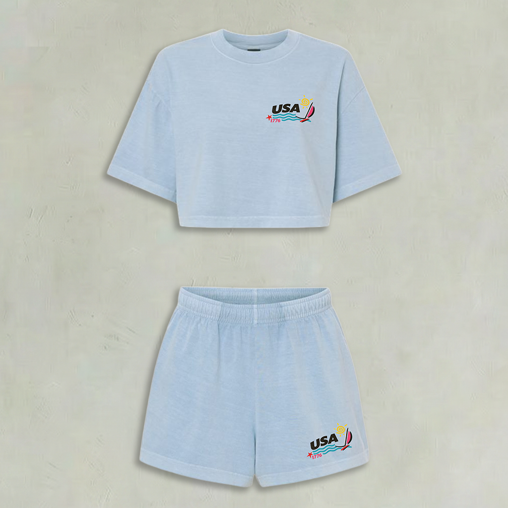 USA Retro Crop Top and Shorts Sets USA Blue