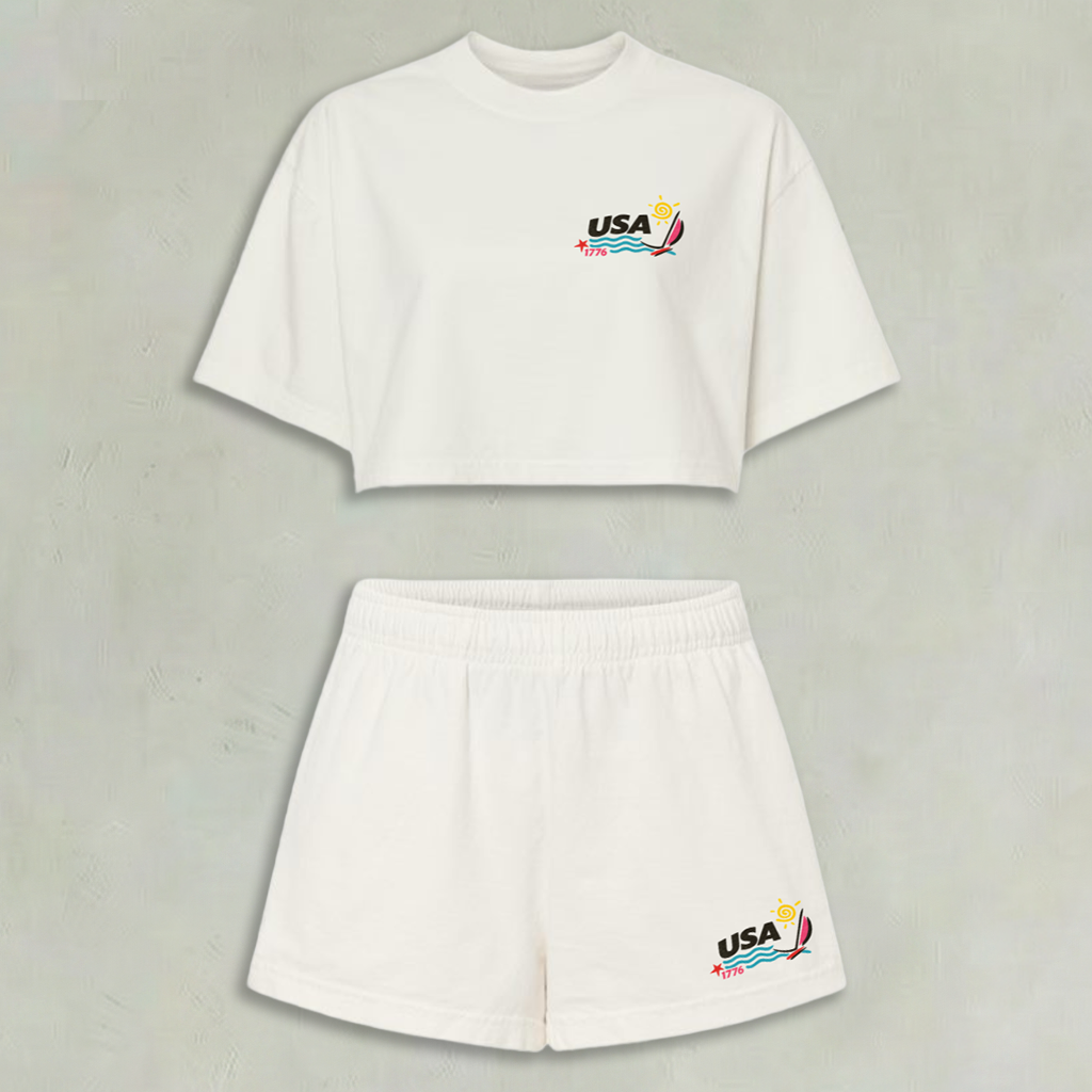 USA Retro Crop Top and Shorts Sets USA Cream